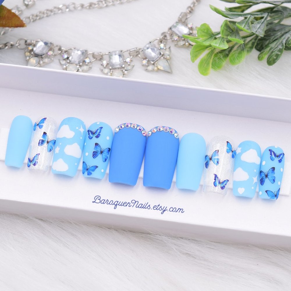 Butterfly Nails Blue Press On Nails Size Medium Long Square Matte